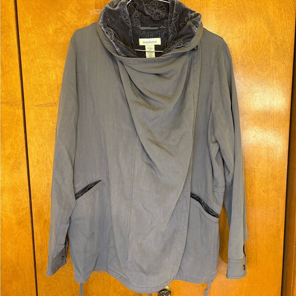 Sundance Gray Cowl‎ Neck Jacket Velvet Trim Draped Front Boho Artsy Lagénlook